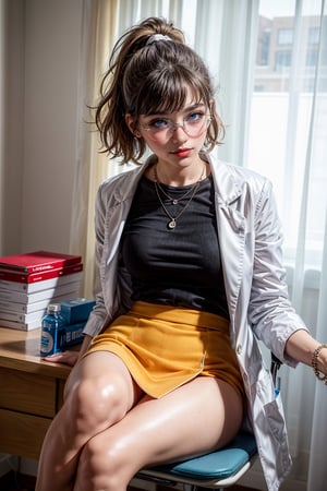 (female): solo, (perfect face), (detailed outfit), (20 years old), doctor, happy, smiling, (sitting), brown hair, medium hair, wavy hair, blue eyes, light skin, medium chest_circumference, (white coat), (black skirt), (glasses), (necklace), (friendship bracelet) (background): from front, indoor, clinic, (desk), (curtain), (medicine bottle), (patient's chair), afternoon, sunny (effects): (masterpiece), (best quality), (sharp focus), (depth of field), (high res)