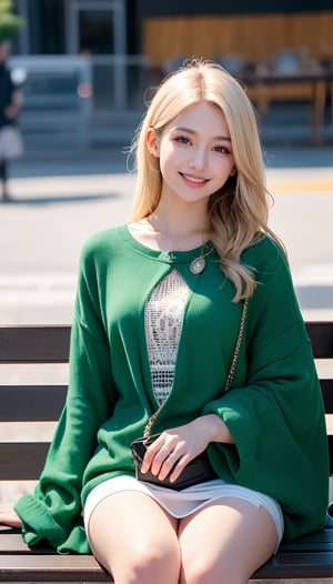 {{A captivating}} depiction of {a beautiful 20 year old girl with {blonde hair}, {emerald green eyes}} and {perfect features}} resting on a bench, {smiling happily} and {making the peace sign}}. This is a {modern}} inspired image that showcases {the subject's charm and style}}. The environment/background should be an {urban park} to create a {vibrant, contemporary atmosphere}. The image should be styled as a {fashion shoot}, incorporating elements of {street style photography}. The {panoramic} shot, captured with a {wide-angle} lens, will provide {a dynamic and expansive view}. The lighting should be {crisp and dynamic}, highlighting {the subject's features and attire} with strong contrasts. The desired level of detail is {striking} with {high definition} resolution, highlighting {the sharpness of the subject's attire and accessories}. The goal is to create {a visually stunning image} that captivates viewers with its {modern style and elegance}.