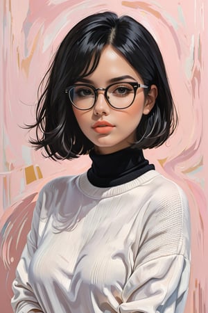 !
{{A shy and charming}} depiction of {a solo girl} with {a bob cut} framing her face, showcasing {her black hair} and {black eyes} behind {glasses}. She possesses {huge breasts}, giving her a striking silhouette. Her attire includes {a black turtleneck sweater} paired with {white denim pants}, adding a touch of contrast to her ensemble. The girl's cheeks are tinged with {blush}, indicating her {embarrassed} demeanor. The scene is set in {a room}, with the perspective captured {from below}, adding depth to the composition. This image, inspired by the theme of r1ge, focuses on conveying a sense of {shyness} and {vulnerability}.