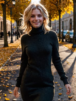 masterpiece, best quality, 1girl, shiny skin, cinematic lighting, medium breasts, looking at viewer, messy hair, blonde hair, yellow eyes, solo, autumn, outdoors, smile, blush, windy, black sweater dress, ribbed, knit, turtleneck sweater dress, black pantyhose, walking, city, shopping, dynamic angle, close-up, ultra-detailed, 8k, rtx, ambient occlusion, rim lighting, bustling