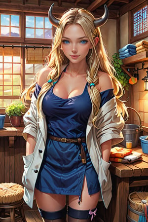 (female): solo, (perfect face), (detailed outfit), (20 years old), inn worker, (cow ears), relaxed, content, (cleaning), pale hair, long hair, asymmetrical hair, blue eyes, light skin, large chest_circumference, (short-sleeve coat), (mini skirt), (black thighhighs), (large ribbon), (friendship bracelet) (background): from front, indoor, (inn), (bathhouse), (towels), (buckets), (stools), evening, (effects): (masterpiece), (best quality), (sharp focus), (depth of field), (high res), more_details:-1, more_details:0, more_details:0.5, more_details:1, more_details:1.5, kawaiitech, pastel colors, kawaii, cute colors
