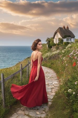 A beautiful young woman with short, flowing dark hair with red highlights, wearing a vibrant red dress, standing on a picturesque path leading to a charming coastal cottage. The scene captures the woman in a dynamic, thoughtful pose, looking towards the horizon. Her dress gently flows with the breeze, showcasing realistic fabric textures and soft lighting. The background features a quaint cottage with a red-tiled roof, surrounded by lush, green fields and blooming wildflowers. The sky is bright blue with fluffy white clouds, and the ocean is visible in the distance with sailboats dotting the horizon. The composition emphasizes realistic textures, detailed lighting, and a serene, idyllic atmosphere.