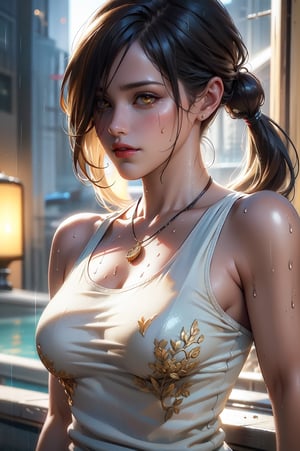 (realistic:2), (photorealistic:2),  volumetric lighting, raytracing, realistic reflection detail, backlighting,  hand on own chest, 
cinematic 3D render, Unreal Engine 5, extreme detail, female warrior in a dynamic pose, realistic skin texture, detailed clothing, vibrant and glowing background, exaggerated particles, rich color palette, high-contrast lighting, realistic shadows, immersive scene
beige hair, yellow eyes,  low twintails, dirty tank top slightly torn,    belt, cargo pants, large breasts, long bangs, hair over one eye,  amulet, arm tattoo, sweat, wet face, rain, wet hair, wet shirt, dirty face,