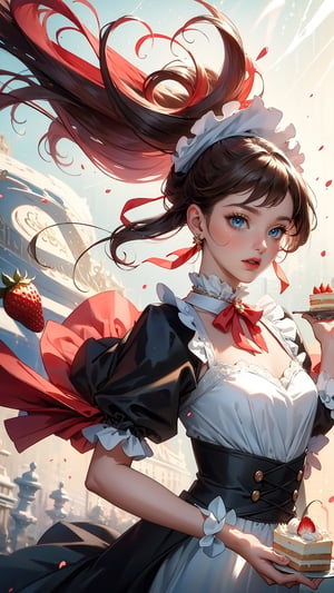 young female character who is running with a cake and looks surprised. BREAK She wears a black and white maid outfit with frills and ribbons, and her pink cheeks and big blue eyes show her shock and excitement. BREAK Her hair is blowing in the wind and the cake is adorned with strawberries and cream. BREAK The background is white and the focus is on her and the cake. Small heart-shaped icons express cuteness and joy around her. BREAK The illustration has a bright and pop atmosphere, full of movement and energy. BREAK delicate facial features, extremely detailed fine touch