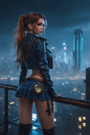 1girl, solo, colorful, vivid colors, perfect female form, cute face, large breasts, long hair, fit body, abs, thigh gap, long legs, looking at viewer, school uniform, microskirt, plaid skirt, fishnets, A woman is standing in a roof, overlooking a cyberpunk city and steampunk in the dark and rain, against the backdrop of the cyberpunk city skyline and the night sky, cyberpunk steampunk, perfect quality, high quality, photorealistic, dynamic pose BREAK orange and blue hue, (abstract:0.2), at night, water particles,   knva,    concept art,    expressiveh   