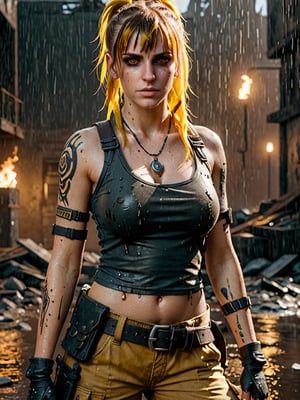 (realistic:2), (photorealistic:2),  volumetric lighting, raytracing, realistic reflection detail, backlighting,  hand on own chest, 
cinematic 3D render, Unreal Engine 5, extreme detail, female warrior in a dynamic pose, realistic skin texture, detailed clothing, vibrant and glowing background, exaggerated particles, rich color palette, high-contrast lighting, realistic shadows, immersive scene
beige hair, yellow eyes,  low twintails, dirty tank top slightly torn,    belt, cargo pants, large breasts, long bangs, hair over one eye,  amulet, arm tattoo, sweat, wet face, rain, wet hair, wet shirt, dirty face,