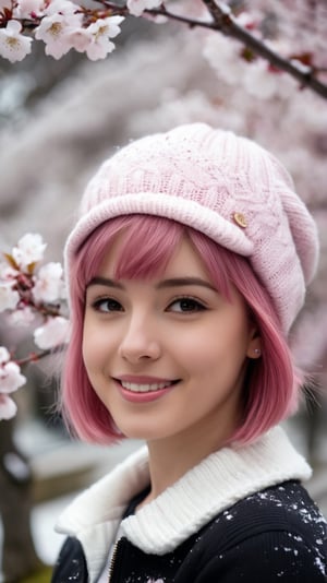 22 year old Girl, cute, solo, knit cap, profile, pink hair, short hair, smooth bangs, smile, snow out of season, cherry blossoms, admiring flowers, white breath, upper body close-up, out of focus background, cherry blossom trees, dim light, cloudy, sun Angle from inside and side,snow full,
