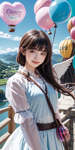 A 20-year-old woman looking in the direction of an unknown object (a familiar face) Angel, angel wings, balloons, heart balloons, wind, rope, earth landscape, medieval castle, lake, mountains, clouds, clear sky, colorful balloons (balloons: 1.5) Blue and white tones, smiles, epic, Celestia, fantasy world, beautiful world.