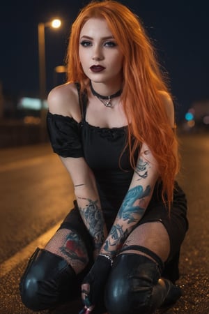 NEOST, 1girl, long orange hair, dark eyes, dark lipstick, tattoos on arm, piercings, black dress, fishnet stockings, black boots, sitting on wet road, cars in background, neon lights, blurry background, red and blue lighting, night, outdoor, detailed