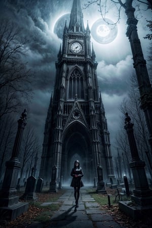 {{A haunting depiction of a young woman}} with intense green eyes, clad in elegant Victorian attire, stands amidst a fog-shrouded graveyard, surrounded by towering tombstones and gnarled trees. This is a gothic-inspired image that embodies the {((subject description))} and their connection to the eerie beauty of the supernatural. The environment/background should be a misty graveyard, enveloped in darkness and mystery, to evoke a sense of foreboding and fascination. The image should be in the style of a digital illustration, drawing inspiration from Gothic literature and dark romanticism. The medium shot, captured with a medium telephoto lens, will provide a balanced view of the atmospheric setting and the enigmatic figure. The lighting should be moody, with shafts of moonlight piercing through the fog to illuminate key elements of the scene. The desired level of detail is high with a resolution suitable for print, allowing for the exploration of both the gothic setting and the haunting presence of the subject. The goal is to create an image that captivates viewers with its dark beauty and evocative atmosphere, inviting them to delve into the mysteries of the night.
