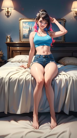 masterpiece:2.0, extremely and best quality, (((best quality))), ((ultra-detailed)), ((high resolution, 16k)), (((extremely and ultra detailed))), 1girl, girl grinning, (((on back, on bed))), tank top, short jean, full body, cutify, cute, colorful, adorable,