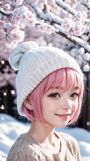 22 year old Girl, cute, solo, knit cap, profile, pink hair, short hair, smooth bangs, smile, snow out of season, cherry blossoms, admiring flowers, white breath, upper body close-up, out of focus background, cherry blossom trees, dim light, cloudy, sun Angle from inside and side,snow full,
