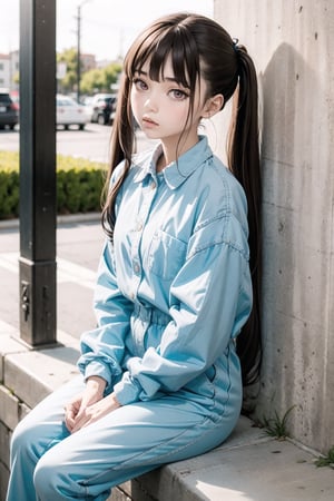 BREAK 1girl, solo,  mrndnkk, pink eyes, brown hair, twintails, very long hair, bangs, orange jumpsuit, prison clothes, prisoner, shackles, standing, outdoors, looking at viewer, pout, sitting