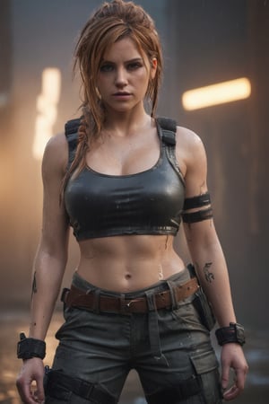 (realistic:2), (photorealistic:2),  volumetric lighting, raytracing, realistic reflection detail, backlighting,  hand on own chest, 
cinematic 3D render, Unreal Engine 5, extreme detail, female warrior in a dynamic pose, realistic skin texture, detailed clothing, vibrant and glowing background, exaggerated particles, rich color palette, high-contrast lighting, realistic shadows, immersive scene
beige hair, yellow eyes,  low twintails, dirty tank top slightly torn,    belt, cargo pants, large breasts, long bangs, hair over one eye,  amulet, arm tattoo, sweat, wet face, rain, wet hair, wet shirt, dirty face,