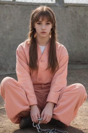 BREAK 1girl, solo,  mrndnkk, pink eyes, brown hair, twintails, very long hair, bangs, orange jumpsuit, prison clothes, prisoner, shackles, standing, outdoors, looking at viewer, pout, sitting