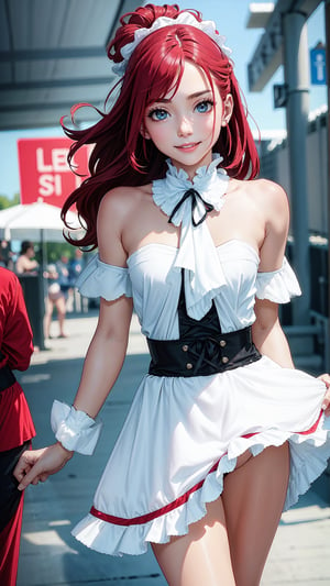 young female character who is running with a cake and looks surprised. BREAK She wears a black and white maid outfit with frills and ribbons, and her pink cheeks and big blue eyes show her shock and excitement. BREAK Her hair is blowing in the wind and the cake is adorned with strawberries and cream. BREAK The background is white and the focus is on her and the cake. Small heart-shaped icons express cuteness and joy around her. BREAK The illustration has a bright and pop atmosphere, full of movement and energy. BREAK delicate facial features, extremely detailed fine touch