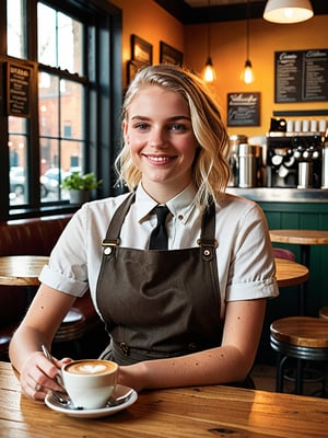 Photorealistic photography of Cafe environment, with a young 18 years old waitress, sw33ny, featuring blonde hair,  grey eyes, beautiful figure in a stylish uniform, wearing unique accessories, necklace, punk style ear piercing,
Standing with hands clasped in front, smiling gently.
Soft ambient lighting, enhancing the warm cafe atmosphere.
Warm, natural light streaming in through the windows.
8K resolution for ultra-high detail.
Hyperrealistic textures for maximum realism.
Photorealistic rendering for a lifelike appearance.
Ultra-sharp focus on key elements.
Cinematic color grading for a filmic look.
Dynamic range to capture the full spectrum of light.
High dynamic range (HDR) for balanced lighting.
Soft focus on background elements to create depth.
Fine detail enhancement for intricate textures.
Ultra-high contrast for dramatic effect.
Realistic depth of field for a natural look.
Vivid color saturation for a vibrant scene.
Sharp edge detailing on the character and cafe furniture.
Smooth gradient transitions for a polished look.
Subtle vignetting to focus attention on the character.
Enhanced clarity on all elements.
Realistic motion blur for any movement.
Perfectly balanced lighting for a natural feel.
Natural color tones for the cafe and character.
Crisp shadow definition for high detail.
Warm, inviting color palette for a serene atmosphere.
Enhanced texture blending for a seamless look.
Subtle noise reduction for a clean finish.
High definition reflections on the cafe tables and character’s uniform.
Sharp focus throughout for maximum detail.
Ultra-smooth gradients in the background.
High clarity in soft areas for balanced contrast.
Subtle glow effects to enhance the warm atmosphere.
Perfect exposure for natural light and shadows.
Detailed texture mapping for ultra-realism.
Enhanced light reflections on the cafe and character’s accessories.
Perfectly balanced contrast for visual appeal.
High resolution details for lifelike representation.
Soft shadow transitions for a natural look.
Enhanced light diffusion for realism.
Realistic atmospheric effects to add depth.
High color accuracy for true-to-life tones.
Subtle texture overlays for added detail.
High-definition light beams filtering through the cafe windows.
Perfectly aligned shadows for a cohesive look.
Enhanced light scattering through the cafe environment.
Crisp, detailed edges on all elements.
Subtle light flares for added realism.
Balanced color grading for a natural look.
Detailed environmental mapping for a realistic scene.
Ultra-fine detail on all surfaces.
Perfectly integrated elements for a seamless composition.
Cinematic realism for an immersive experience.
Vibrant yet natural color palette to enhance the mood.
High-quality render to capture every detail.
