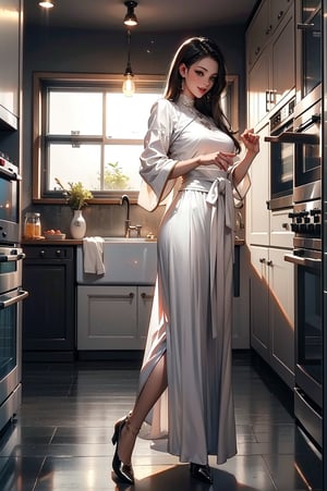  30yo woman wearing white shal with white textures long black dark hair slick back and smooth. Kissface. smile. Looking at camera. POV. Dancing, moving, happy. Kitchen. Fully furnished. Night time.