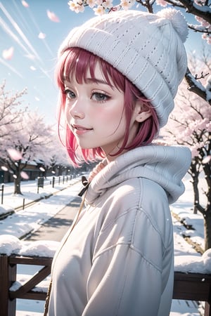 22 year old Girl, cute, solo, knit cap, profile, pink hair, short hair, smooth bangs, smile, snow out of season, cherry blossoms, admiring flowers, white breath, upper body close-up, out of focus background, cherry blossom trees, dim light, cloudy, sun Angle from inside and side,snow full,
