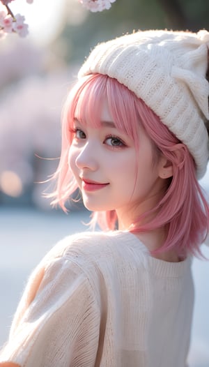 22 year old Girl, cute, solo, knit cap, profile, pink hair, short hair, smooth bangs, smile, snow out of season, cherry blossoms, admiring flowers, white breath, upper body close-up, out of focus background, cherry blossom trees, dim light, cloudy, sun Angle from inside and side,snow full,
