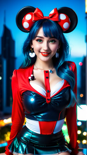 masterpiece, best quality, high resolution, 8k, photorealistic, a girl with minnie mouse ears posing and smiling for a photo, 1girl, solo, breasts, skirt, animal ears, cleavage, polka dots, long hair, smile, bow, full body shot ((priority: 1. 5)), glamorous figure, hyper cute face, shiny lips, sweaty body, double eyelid on both eyes, natural makeup, long eyelashes, _blue_hair/green_eyes, big_boobs, long_hair, asymmetrical bangs, background a night city with lots of lighting, 8K resolution, high level of detail, detailed hairstyle, detailed face, spectacular cinematic lighting, octane rendering, vibrant, hyperrealistic,photo r3al,detailmaster2