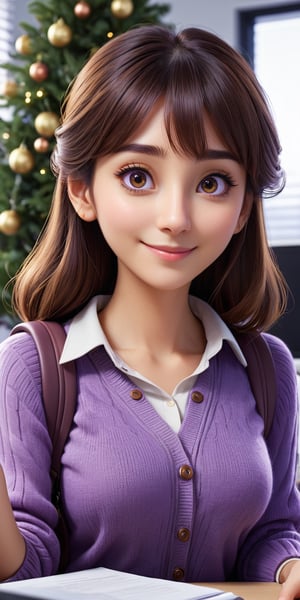 1 female, Composition from the front:1.2, (She works at her desk:1.1), (She holds her hands out), Image quality with line enhancement:1.35, Depiction of animated characters, Mature Women:1.15, (cute:1.08), smile, elegant, ((wears a purple Thick knit)), She carries a backpack, ((morning time:1.2)), ((drooping eyes:1.02)), ((large eyes:1.23)), ((lofty nose:1.23)), brown eyes, Bangs above the eyebrows, brown long hair, Big tree, in the Office of an up-and-coming venture company, Ultra high resolution, ultra high quality, 24K, delicate image quality,