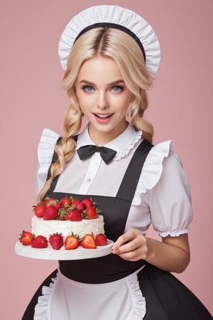  young female character who is running with a cake and looks surprised. BREAK She wears a black and white maid outfit with frills and ribbons, and her pink cheeks and big blue eyes show her shock and excitement. BREAK Her hair is blowing in the wind and the cake is adorned with strawberries and cream. BREAK The background is white and the focus is on her and the cake. Small heart-shaped icons express cuteness and joy around her. BREAK The illustration has a bright and pop atmosphere, full of movement and energy. BREAK delicate facial features, extremely detailed fine touch