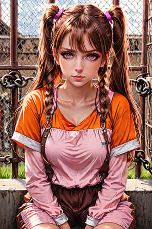 BREAK 1girl, solo,  mrndnkk, pink eyes, brown hair, twintails, very long hair, bangs, orange jumpsuit, prison clothes, prisoner, shackles, standing, outdoors, looking at viewer, pout, sitting