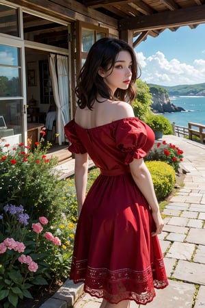 A beautiful young woman with short, flowing dark hair with red highlights, wearing a vibrant red dress, standing on a picturesque path leading to a charming coastal cottage. The scene captures the woman in a dynamic, thoughtful pose, looking towards the horizon. Her dress gently flows with the breeze, showcasing realistic fabric textures and soft lighting. The background features a quaint cottage with a red-tiled roof, surrounded by lush, green fields and blooming wildflowers. The sky is bright blue with fluffy white clouds, and the ocean is visible in the distance with sailboats dotting the horizon. The composition emphasizes realistic textures, detailed lighting, and a serene, idyllic atmosphere.