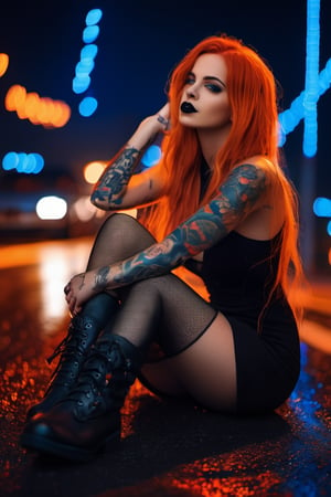 NEOST, 1girl, long orange hair, dark eyes, dark lipstick, tattoos on arm, piercings, black dress, fishnet stockings, black boots, sitting on wet road, cars in background, neon lights, blurry background, red and blue lighting, night, outdoor, detailed