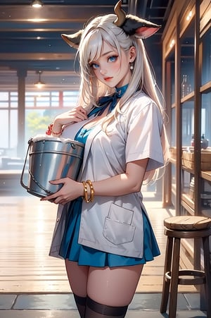 (female): solo, (perfect face), (detailed outfit), (20 years old), inn worker, (cow ears), relaxed, content, (cleaning), pale hair, long hair, asymmetrical hair, blue eyes, light skin, large chest_circumference, (short-sleeve coat), (mini skirt), (black thighhighs), (large ribbon), (friendship bracelet) (background): from front, indoor, (inn), (bathhouse), (towels), (buckets), (stools), evening, (effects): (masterpiece), (best quality), (sharp focus), (depth of field), (high res), more_details:-1, more_details:0, more_details:0.5, more_details:1, more_details:1.5, kawaiitech, pastel colors, kawaii, cute colors
