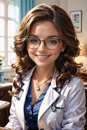 (female): solo, (perfect face), (detailed outfit), (20 years old), doctor, happy, smiling, (sitting), brown hair, medium hair, wavy hair, blue eyes, light skin, medium chest_circumference, (white coat), (black skirt), (glasses), (necklace), (friendship bracelet) (background): from front, indoor, clinic, (desk), (curtain), (medicine bottle), (patient's chair), afternoon, sunny (effects): (masterpiece), (best quality), (sharp focus), (depth of field), (high res)