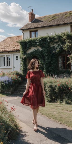 A beautiful young woman with short, flowing dark hair with red highlights, wearing a vibrant red dress, standing on a picturesque path leading to a charming coastal cottage. The scene captures the woman in a dynamic, thoughtful pose, looking towards the horizon. Her dress gently flows with the breeze, showcasing realistic fabric textures and soft lighting. The background features a quaint cottage with a red-tiled roof, surrounded by lush, green fields and blooming wildflowers. The sky is bright blue with fluffy white clouds, and the ocean is visible in the distance with sailboats dotting the horizon. The composition emphasizes realistic textures, detailed lighting, and a serene, idyllic atmosphere.