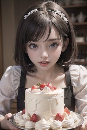  young female character who is running with a cake and looks surprised. BREAK She wears a black and white maid outfit with frills and ribbons, and her pink cheeks and big blue eyes show her shock and excitement. BREAK Her hair is blowing in the wind and the cake is adorned with strawberries and cream. BREAK The background is white and the focus is on her and the cake. Small heart-shaped icons express cuteness and joy around her. BREAK The illustration has a bright and pop atmosphere, full of movement and energy. BREAK delicate facial features, extremely detailed fine touch