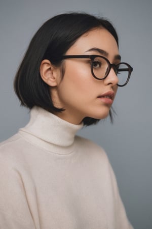 {{A shy and charming}} depiction of {a solo girl} with {a bob cut} framing her face, showcasing {her black hair} and {black eyes} behind {glasses}. She possesses {huge breasts}, giving her a striking silhouette. Her attire includes {a black turtleneck sweater} paired with {white denim pants}, adding a touch of contrast to her ensemble. The girl's cheeks are tinged with {blush}, indicating her {embarrassed} demeanor. The scene is set in {a room}, with the perspective captured {from below}, adding depth to the composition. This image, inspired by the theme of r1ge, focuses on conveying a sense of {shyness} and {vulnerability}