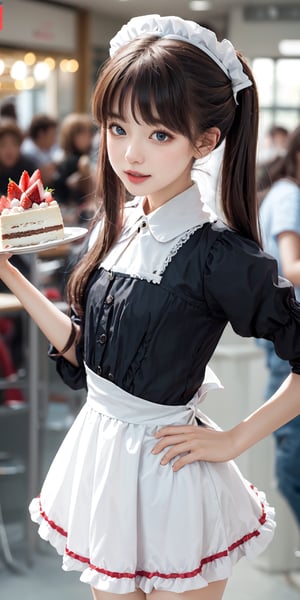 young female character who is running with a cake and looks surprised. BREAK She wears a black and white maid outfit with frills and ribbons, and her pink cheeks and big blue eyes show her shock and excitement. BREAK Her hair is blowing in the wind and the cake is adorned with strawberries and cream. BREAK The background is white and the focus is on her and the cake. Small heart-shaped icons express cuteness and joy around her. BREAK The illustration has a bright and pop atmosphere, full of movement and energy. BREAK delicate facial features, extremely detailed fine touch