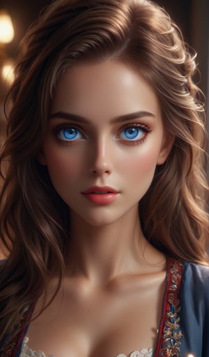 (((masterpiece))) (((best quality))) ((ultra-detailed)) (((blackmailed))) (((8K))) (((realistic))) (detailed light) ((an extremely delicate and beautiful)) (beautiful detailed blue eyes, detailed beautiful face, red cheeks:1.5) dramatic lighting 1girl (long straight hair:1.5) button shirt skirt looking at viewer large breasts indoor masterpiece focus expression upper body intricate secenary,