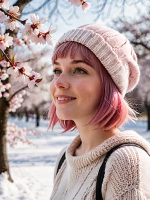 22 year old Girl, cute, solo, knit cap, profile, pink hair, short hair, smooth bangs, smile, snow out of season, cherry blossoms, admiring flowers, white breath, upper body close-up, out of focus background, cherry blossom trees, dim light, cloudy, sun Angle from inside and side,snow full,
