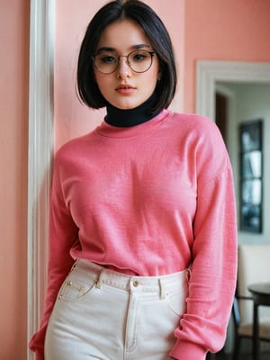 {{A shy and charming}} depiction of {a solo girl} with {a bob cut} framing her face, showcasing {her black hair} and {black eyes} behind {glasses}. She possesses {huge breasts}, giving her a striking silhouette. Her attire includes {a black turtleneck sweater} paired with {white denim pants}, adding a touch of contrast to her ensemble. The girl's cheeks are tinged with {blush}, indicating her {embarrassed} demeanor. The scene is set in {a room}, with the perspective captured {from below}, adding depth to the composition. This image, inspired by the theme of r1ge, focuses on conveying a sense of {shyness} and {vulnerability}