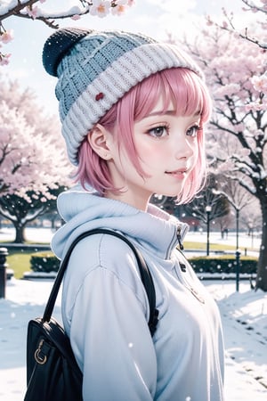 22 year old Girl, cute, solo, knit cap, profile, pink hair, short hair, smooth bangs, smile, snow out of season, cherry blossoms, admiring flowers, white breath, upper body close-up, out of focus background, cherry blossom trees, dim light, cloudy, sun Angle from inside and side,snow full,
