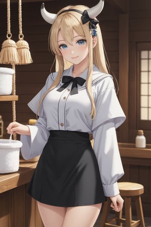 (female): solo, (perfect face), (detailed outfit), (20 years old), inn worker, (cow ears), relaxed, content, (cleaning), pale hair, long hair, asymmetrical hair, blue eyes, light skin, large chest_circumference, (short-sleeve coat), (mini skirt), (black thighhighs), (large ribbon), (friendship bracelet) (background): from front, indoor, (inn), (bathhouse), (towels), (buckets), (stools), evening, (effects): (masterpiece), (best quality), (sharp focus), (depth of field), (high res), more_details:-1, more_details:0, more_details:0.5, more_details:1, more_details:1.5, kawaiitech, pastel colors, kawaii, cute colors
