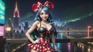 masterpiece, best quality, high resolution, 8k, photorealistic, a girl with minnie mouse ears posing and smiling for a photo, 1girl, solo, breasts, skirt, animal ears, cleavage, polka dots, long hair, smile, bow, full body shot ((priority: 1. 5)), glamorous figure, hyper cute face, shiny lips, sweaty body, double eyelid on both eyes, natural makeup, long eyelashes, _blue_hair/green_eyes, big_boobs, long_hair, asymmetrical bangs, background a night city with lots of lighting, 8K resolution, high level of detail, detailed hairstyle, detailed face, spectacular cinematic lighting, octane rendering, vibrant, hyperrealistic