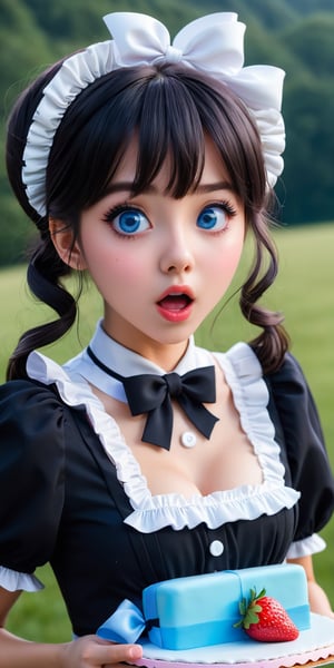 young female character who is running with a cake and looks surprised. BREAK She wears a black and white maid outfit with frills and ribbons, and her pink cheeks and big blue eyes show her shock and excitement. BREAK Her hair is blowing in the wind and the cake is adorned with strawberries and cream. BREAK The background is white and the focus is on her and the cake. Small heart-shaped icons express cuteness and joy around her. BREAK The illustration has a bright and pop atmosphere, full of movement and energy. BREAK delicate facial features, extremely detailed fine touch