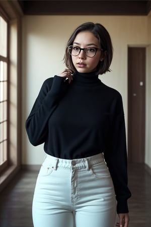 {{A shy and charming}} depiction of {a solo girl} with {a bob cut} framing her face, showcasing {her black hair} and {black eyes} behind {glasses}. She possesses {huge breasts}, giving her a striking silhouette. Her attire includes {a black turtleneck sweater} paired with {white denim pants}, adding a touch of contrast to her ensemble. The girl's cheeks are tinged with {blush}, indicating her {embarrassed} demeanor. The scene is set in {a room}, with the perspective captured {from below}, adding depth to the composition. This image, inspired by the theme of r1ge, focuses on conveying a sense of {shyness} and {vulnerability}