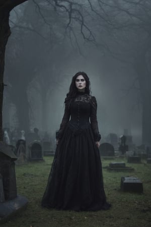 {{A haunting depiction of a young woman}} with intense green eyes, clad in elegant Victorian attire, stands amidst a fog-shrouded graveyard, surrounded by towering tombstones and gnarled trees. This is a gothic-inspired image that embodies the {((subject description))} and their connection to the eerie beauty of the supernatural. The environment/background should be a misty graveyard, enveloped in darkness and mystery, to evoke a sense of foreboding and fascination. The image should be in the style of a digital illustration, drawing inspiration from Gothic literature and dark romanticism. The medium shot, captured with a medium telephoto lens, will provide a balanced view of the atmospheric setting and the enigmatic figure. The lighting should be moody, with shafts of moonlight piercing through the fog to illuminate key elements of the scene. The desired level of detail is high with a resolution suitable for print, allowing for the exploration of both the gothic setting and the haunting presence of the subject. The goal is to create an image that captivates viewers with its dark beauty and evocative atmosphere, inviting them to delve into the mysteries of the night.
