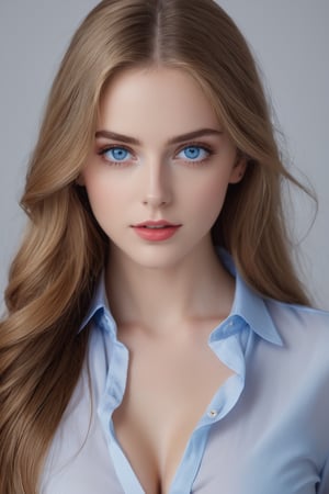 (((masterpiece))) (((best quality))) ((ultra-detailed)) (((blackmailed))) (((8K))) (((realistic))) (detailed light) ((an extremely delicate and beautiful)) (beautiful detailed blue eyes, detailed beautiful face, red cheeks:1.5) dramatic lighting 1girl (long straight hair:1.5) button shirt skirt looking at viewer large breasts indoor masterpiece focus expression upper body intricate secenary,