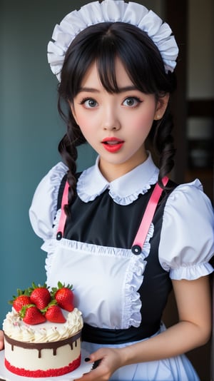  young female character who is running with a cake and looks surprised. BREAK She wears a black and white maid outfit with frills and ribbons, and her pink cheeks and big blue eyes show her shock and excitement. BREAK Her hair is blowing in the wind and the cake is adorned with strawberries and cream. BREAK The background is white and the focus is on her and the cake. Small heart-shaped icons express cuteness and joy around her. BREAK The illustration has a bright and pop atmosphere, full of movement and energy. BREAK delicate facial features, extremely detailed fine touch