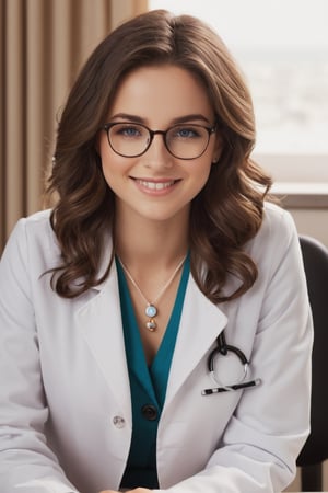 (female): solo, (perfect face), (detailed outfit), (20 years old), doctor, happy, smiling, (sitting), brown hair, medium hair, wavy hair, blue eyes, light skin, medium chest_circumference, (white coat), (black skirt), (glasses), (necklace), (friendship bracelet) (background): from front, indoor, clinic, (desk), (curtain), (medicine bottle), (patient's chair), afternoon, sunny (effects): (masterpiece), (best quality), (sharp focus), (depth of field), (high res)