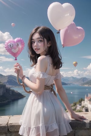 A 20-year-old woman looking in the direction of an unknown object (a familiar face) Angel, angel wings, balloons, heart balloons, wind, rope, earth landscape, medieval castle, lake, mountains, clouds, clear sky, colorful balloons (balloons: 1.5) Blue and white tones, smiles, epic, Celestia, fantasy world, beautiful world.