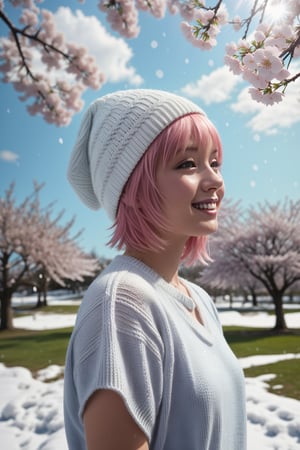 22 year old Girl, cute, solo, knit cap, profile, pink hair, short hair, smooth bangs, smile, snow out of season, cherry blossoms, admiring flowers, white breath, upper body close-up, out of focus background, cherry blossom trees, dim light, cloudy, sun Angle from inside and side,snow full,
